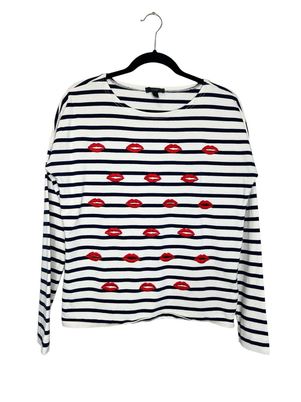 J. CREW Nautical Stripe Embroidered Lips Coastal Navy and White Top size Small